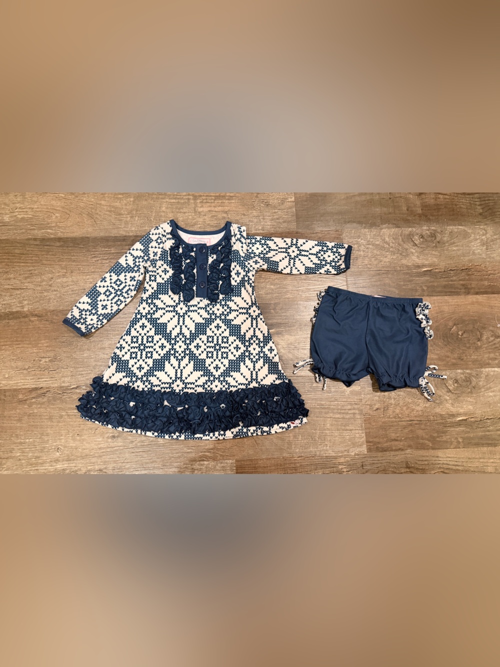 SweetHoney Navy and white knit  Snowflake Dress with Navy Bloom Shorts